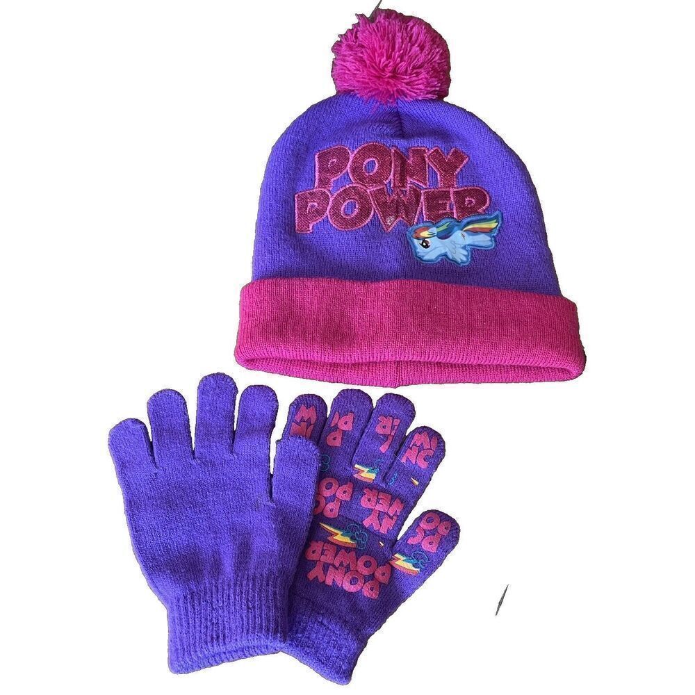 My Little Pony Rainbow Dash Hat Beanie & Gloves Set Girls 6-8 Pink Purple Pom